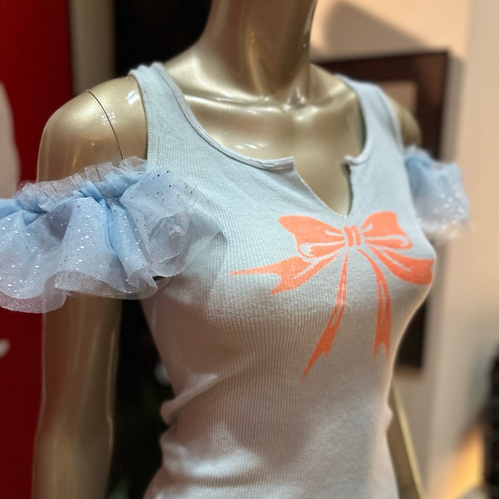 BOW DOWN distressed ribbon keyhole handmade tank flutter sleeves distressed M - Picture 10 of 11